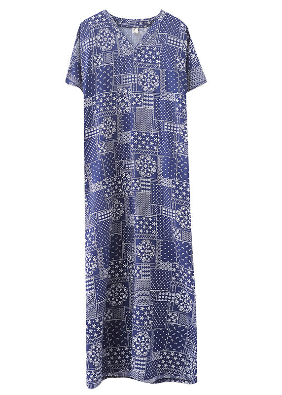 Blue V Neck Print Cotton Beach Long Dress Short Sleeve
