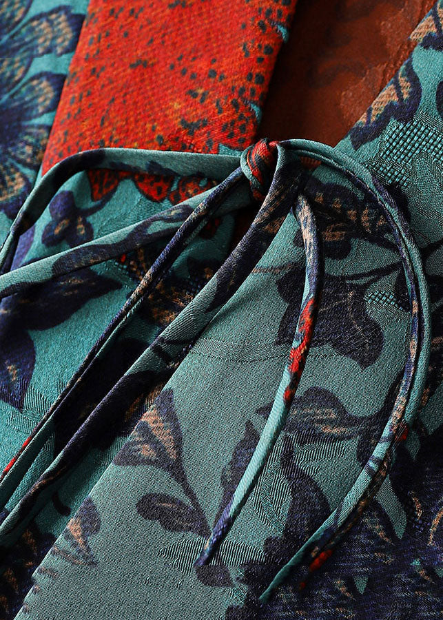 Blue V Neck Print Tie Waist Silk Coats Long Sleeve