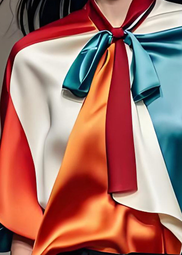 Colorblock Bow Silk Shirts Tops Half Sleeve