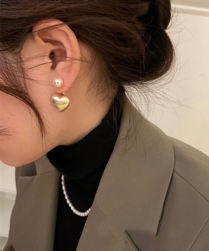Gold Metal Alloy Dull Polish Love Pearl Stud Earrings