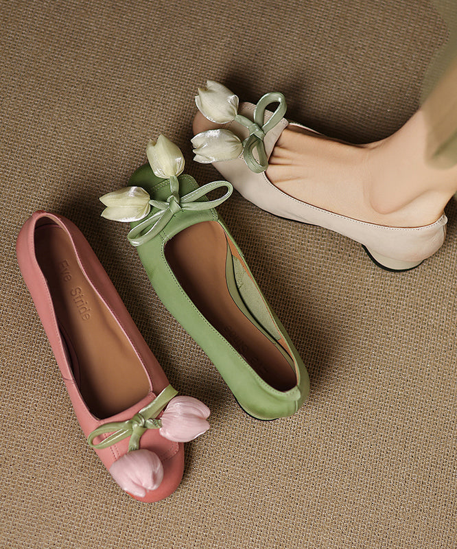 Green Bow Splicing Cowhide Leather Flat Shoes