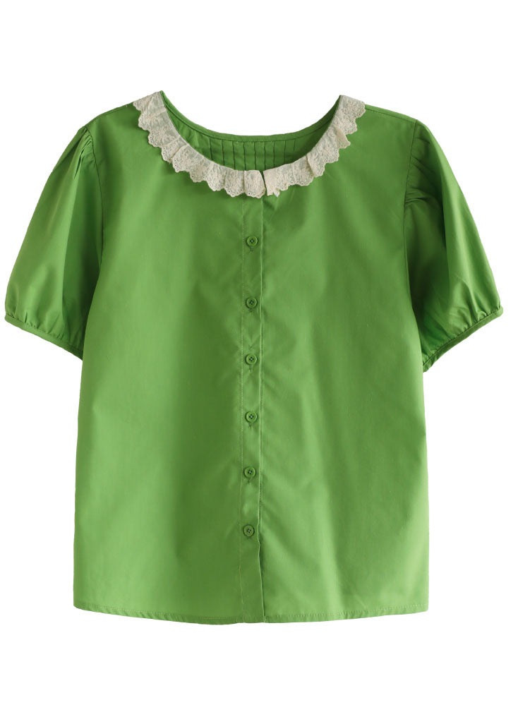 Green Peter Pan Collar Patchwork Cotton Shirt Top Puff Sleeve