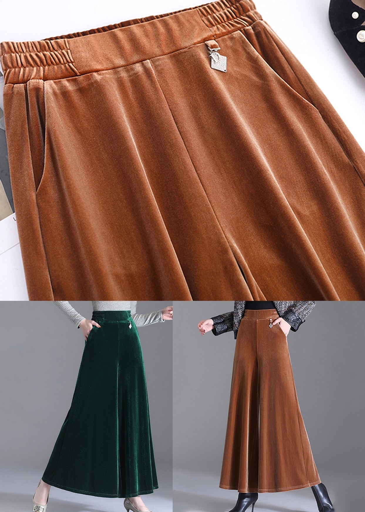 Green Pockets Elastic Waist Velour Wide Leg Pants Fall