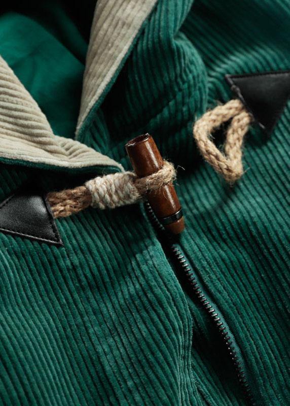 Green Pockets Hooded Zippered Button Fall Hoodies Outwear Long Sleeve