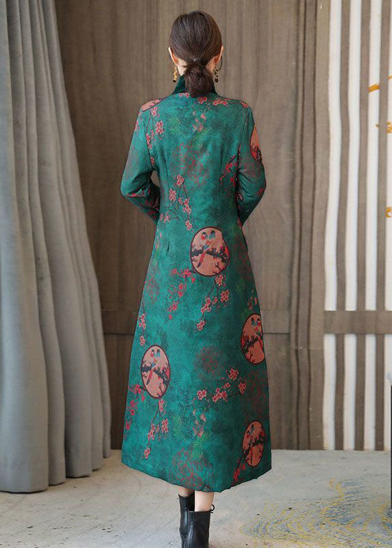 Green Stand Collar Chinese Style Print Fine Cotton Filled Coats Winter