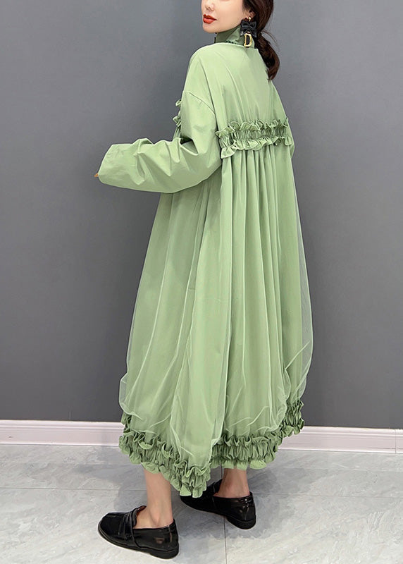 Green Stand Collar Ruffled Tulle Patchwork Button Maxi Dress Winter