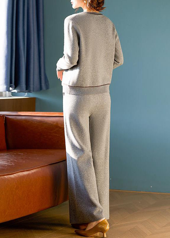 Grey O Neck Tops and Pants Wool Two Pieces Set Spring
