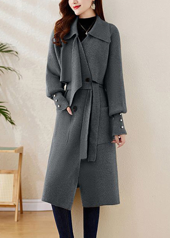 Grey Peter Pan Collar Tie Waist Knit Coats Spring