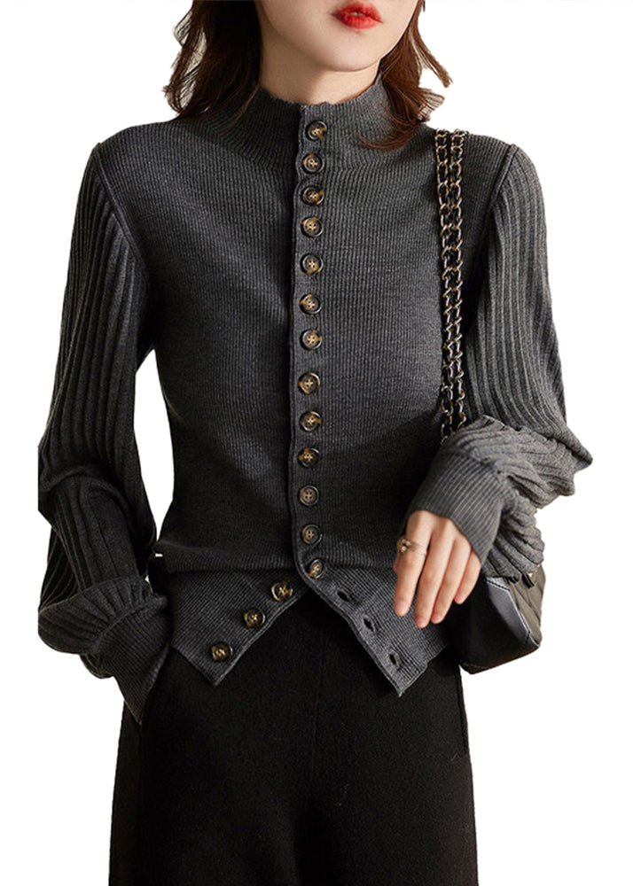 Grey Stand Collar Button Knit Top Lantern Sleeve
