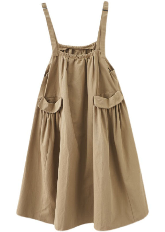 Khaki Oversized Pockets Cotton Strap a Line Dress Summer