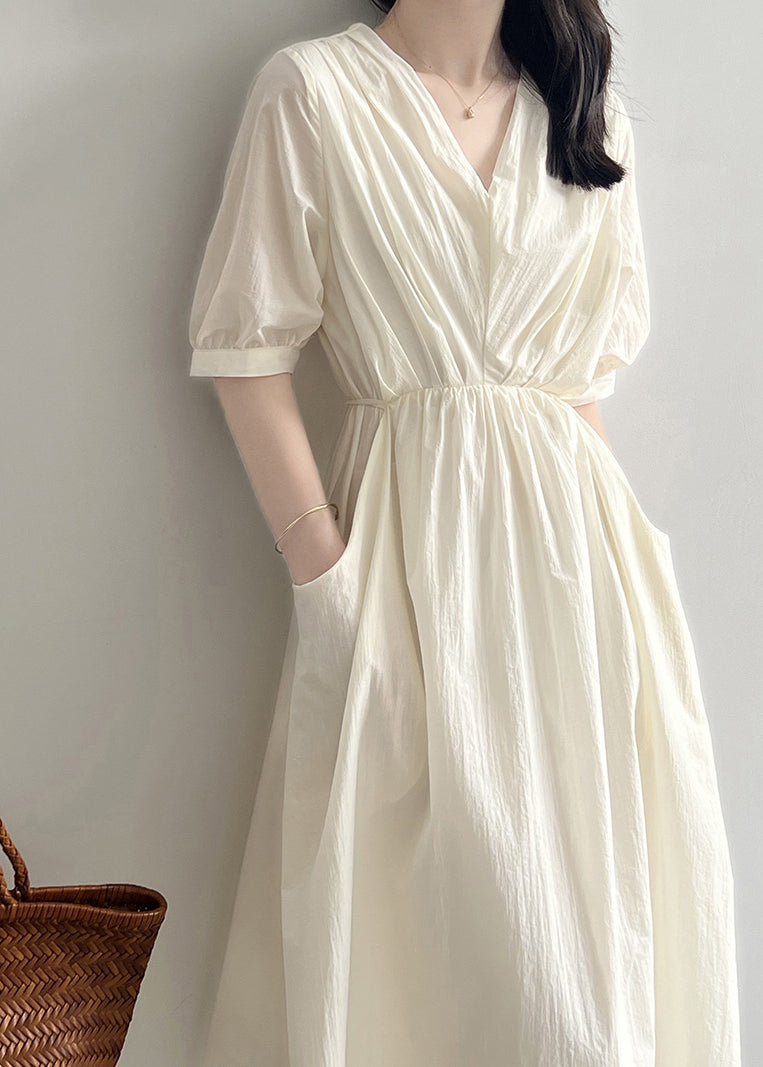 Khaki V Neck Pockets Wrinkled Cotton Dress Summer