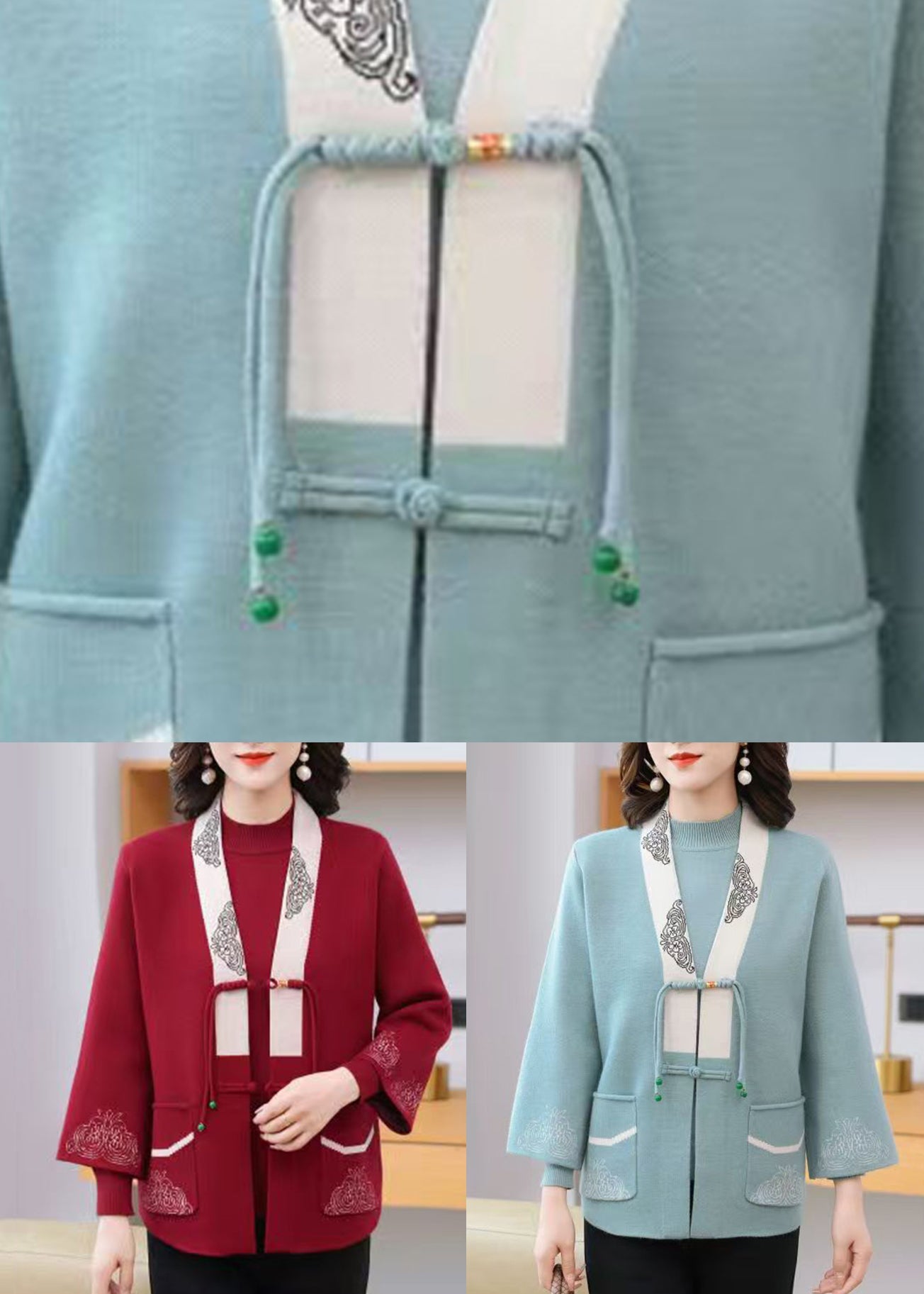 Light Blue V Neck Print Tassel Cotton Knit Cardigans and Sweaters Two Pieces Set Spring