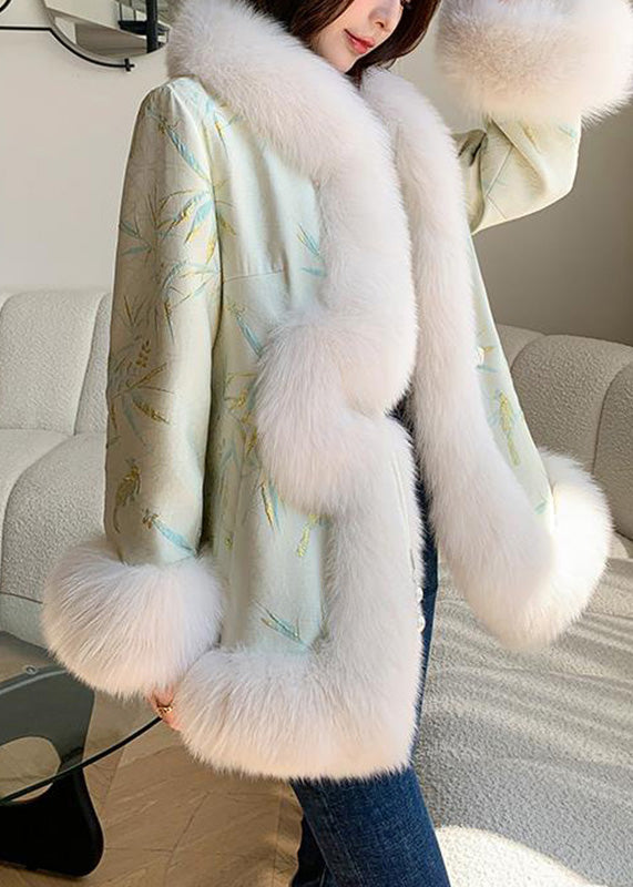 Light Green Fox Collar Embroidered Leather and Fur Coats Winter