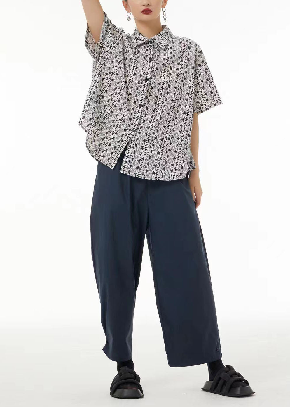 Light Grey Peter Pan Collar Print Cotton Shirt Top Short Sleeve