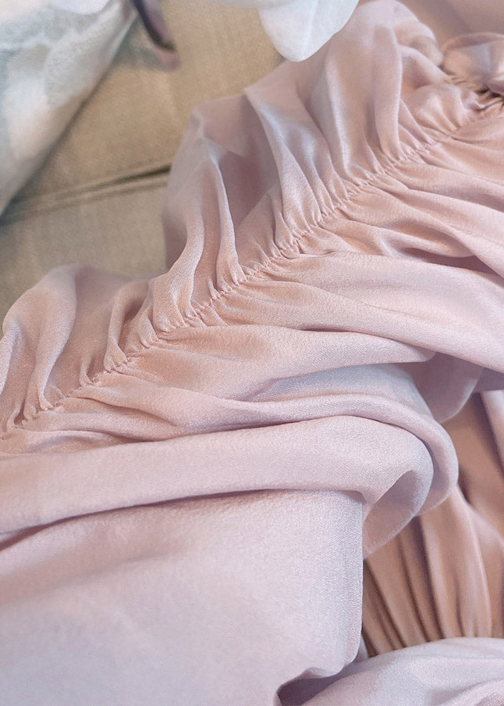 Light Purple V Neck Asymmetrical Pearl Tie Waist Silk Maxi Dress Puff Sleeve