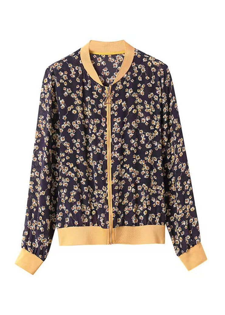 Navy Blue Print Zippere Chiffon Sunscreen Coat Long Sleeve