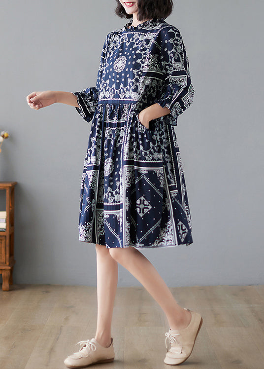 Navy Ruffled Print Linen Dresses Half Sleeve