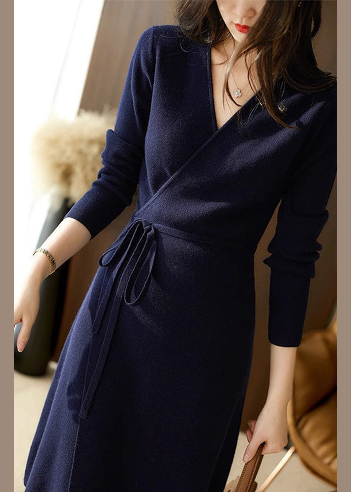 Navy V Neck Lace Up Patchwork Cotton Knit Mid Dress Fall