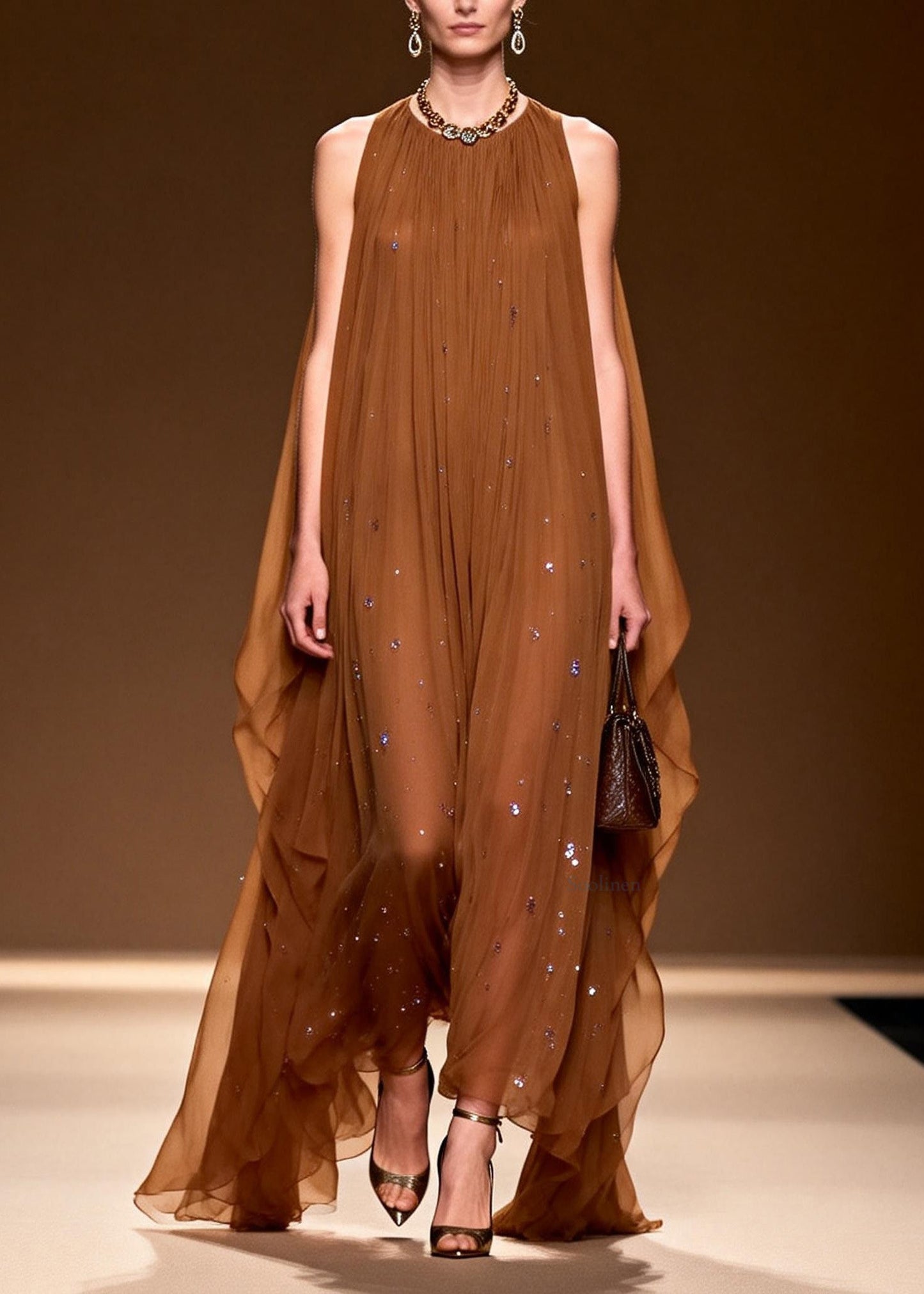 O Neck Zircon Chiffon Long Dress Sleeveless