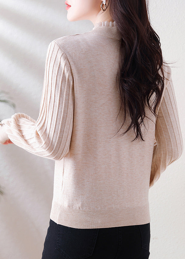 Oatmeal Ruffled Button Patchwork Woolen Sweater Spring