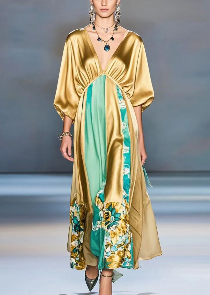 Orange Deep-v Neck Patchwork Silk Maxi Dresses Batwing Sleeve