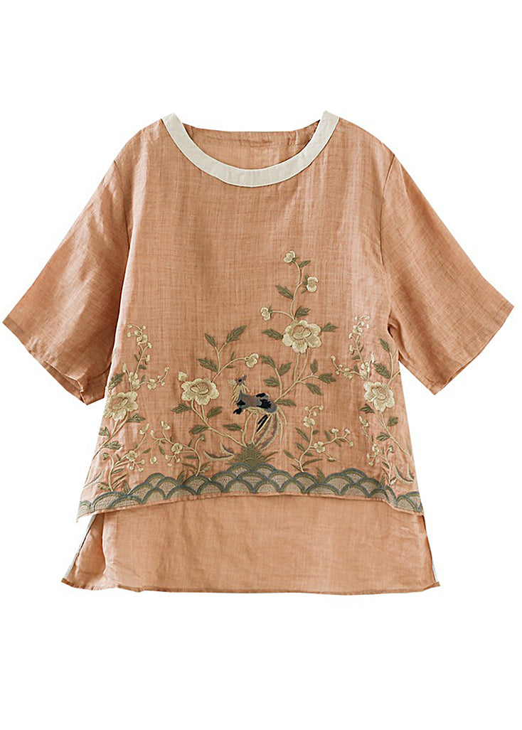 Orange Embroidered Linen Shirt Top Summer