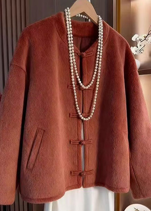 Orange O-neck Button Pockets Woolen Coats Winter