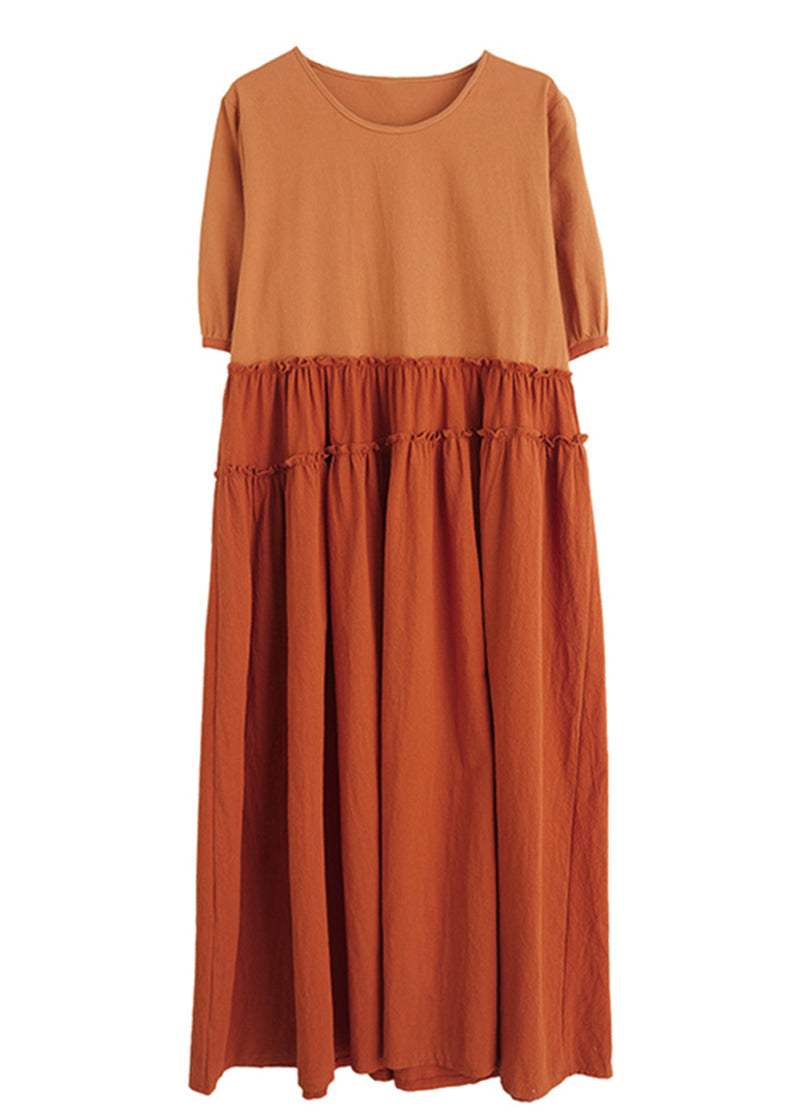 Orange Ruffled Patchwork Exra Large Hem Cotton Long Dress Summer