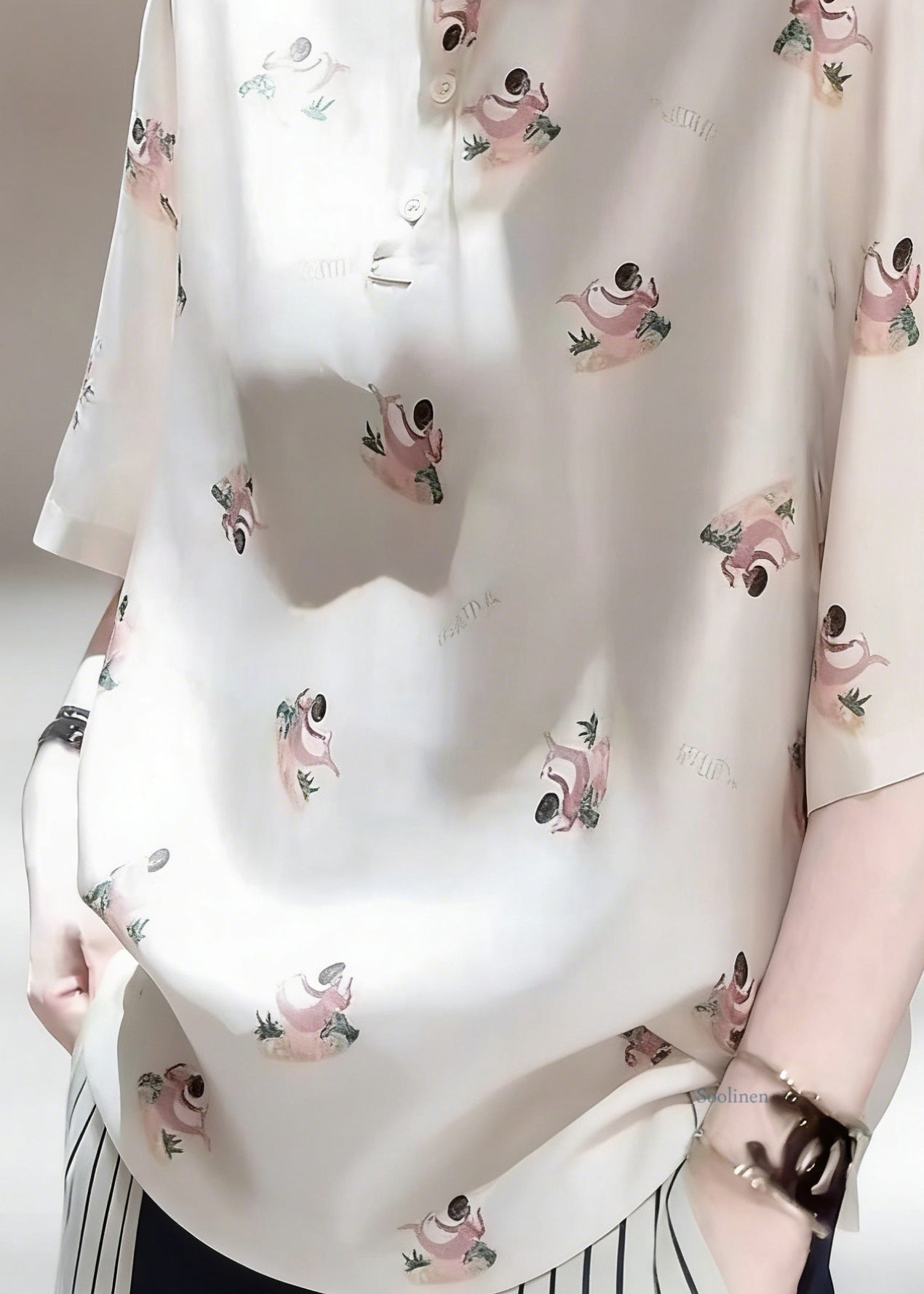 Peter Pan Collar Print Patchwork Silk Shirts Half Sleeve