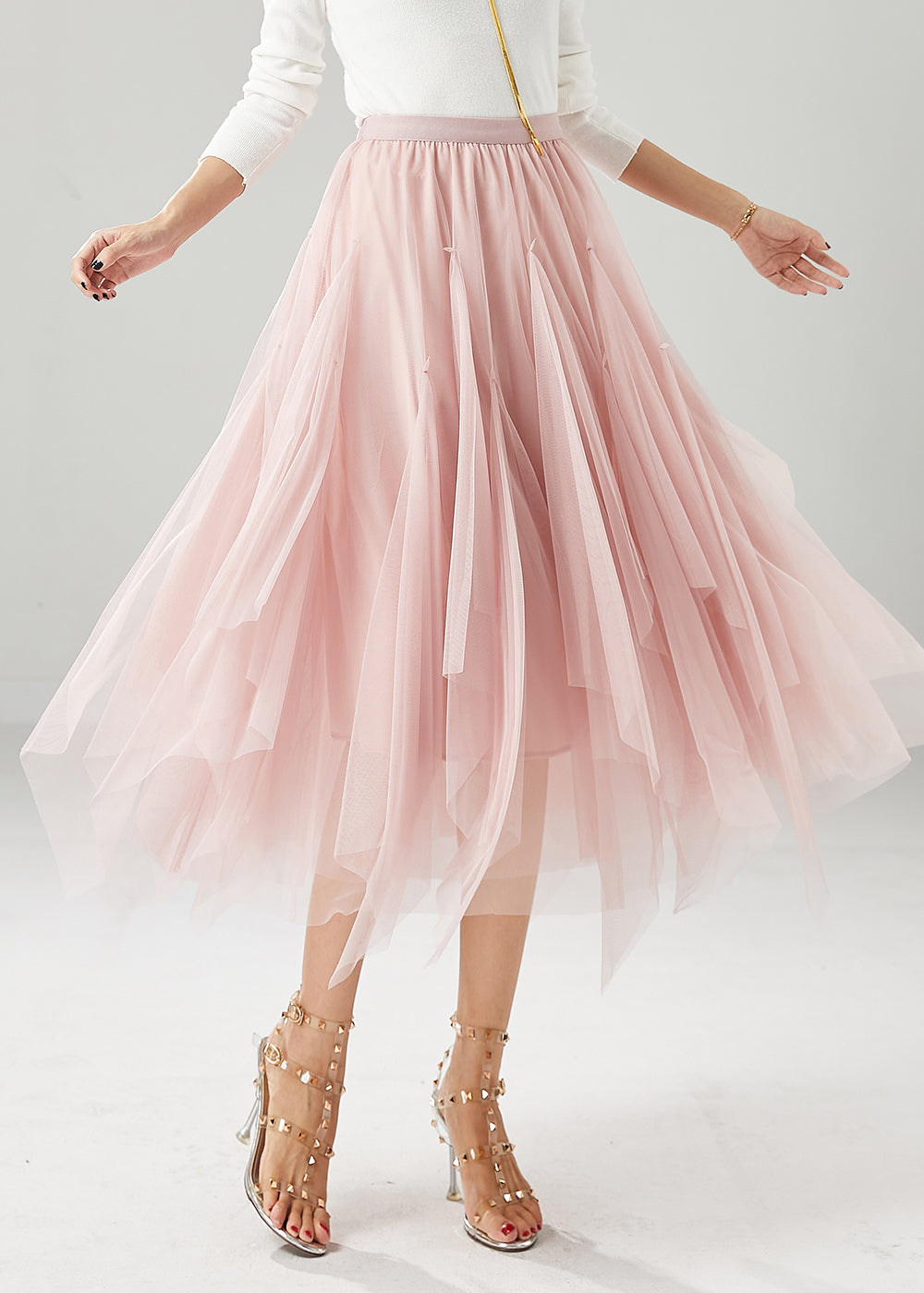 Pink Elastic Waist Exra Large Hem Tulle Skirts Fall