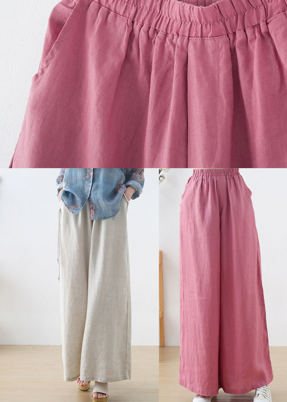 Pink Elastic Waist Pockets Linen Wide Leg Pants Fall