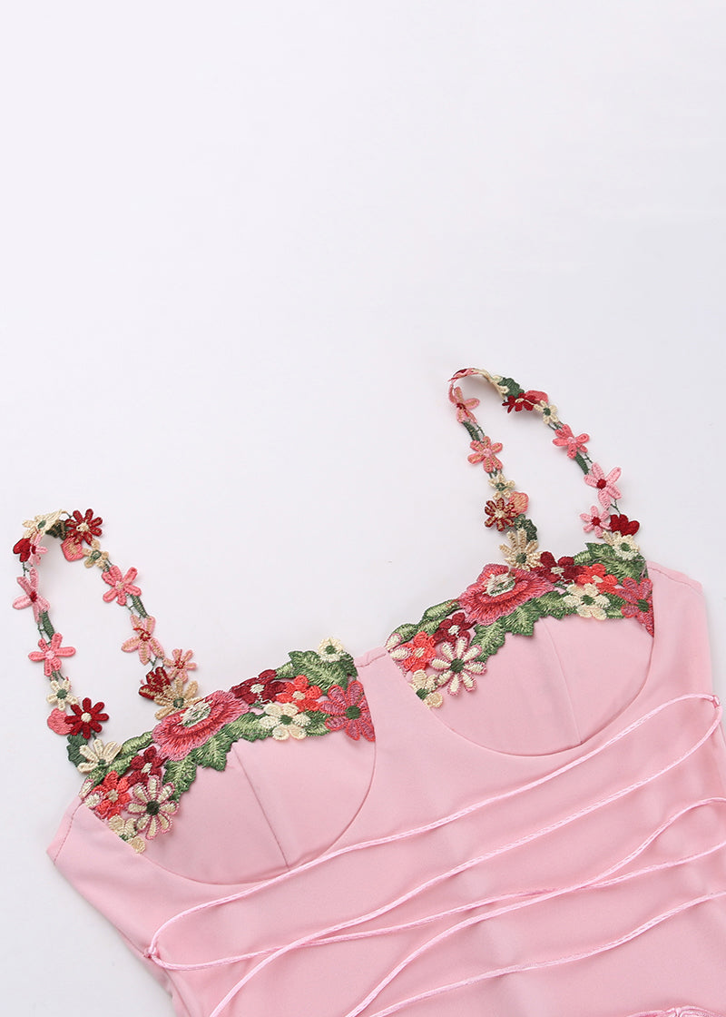 Pink Patchwork Cotton Spaghetti Strap Dress Sleeveless