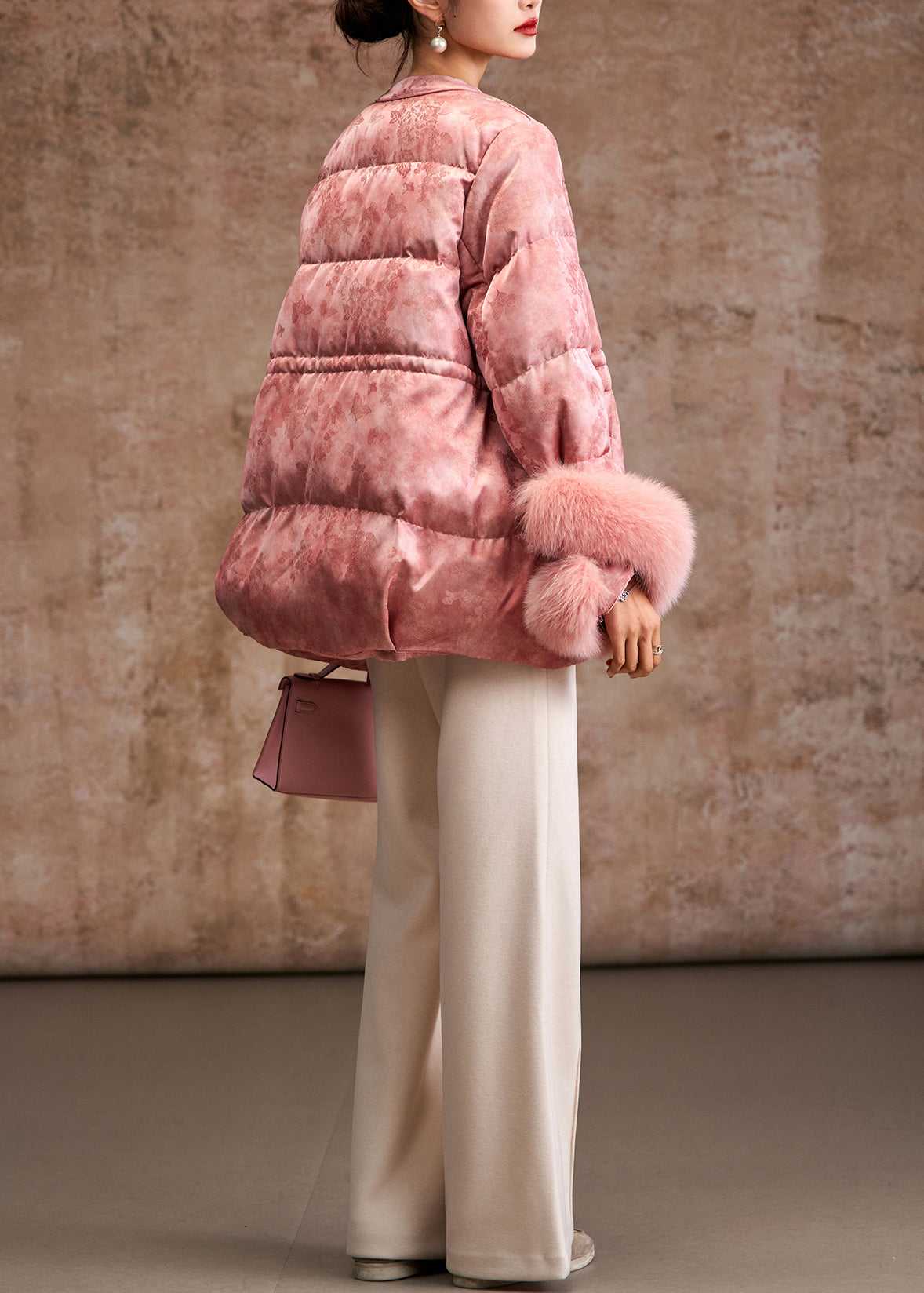 Pink Jacquard Patchwork Fox Hair Duck Down Silk Puffer Coat Winter