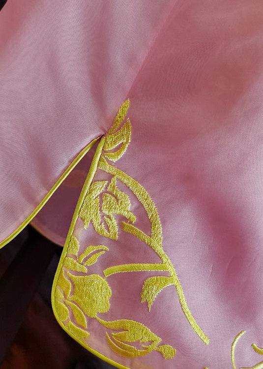 Pink Stand Collar Embroideried Patchwork Silk Vest Sleeveless
