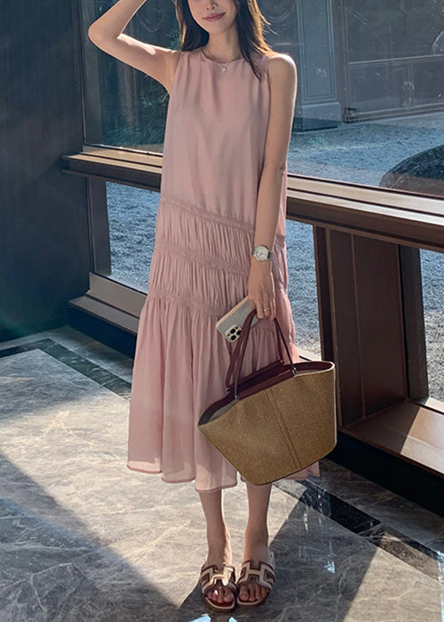 Pink Wrinkled Long Dress Sleeveless