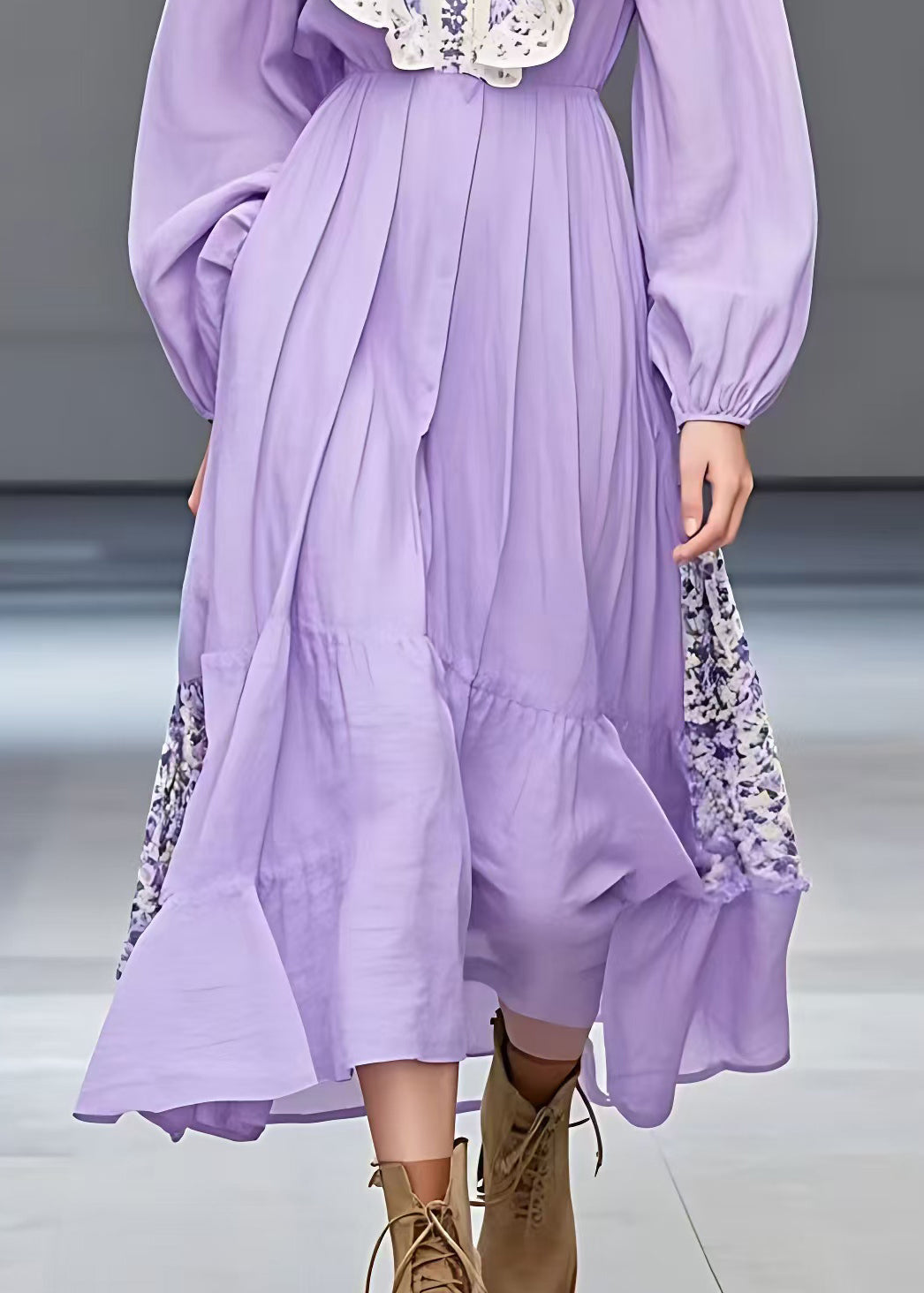Purple Ruffled Print Patchwork Cotton Dresses Long Sleeve