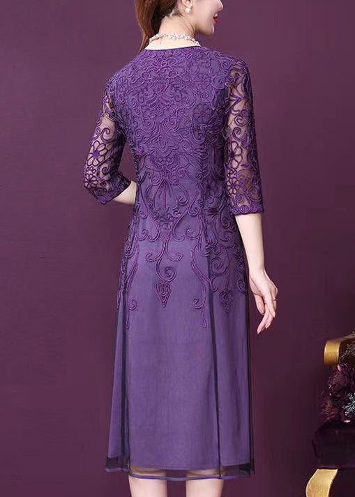 Purple V Neck Lace Patchwork Tulle Dresses Half Sleeve