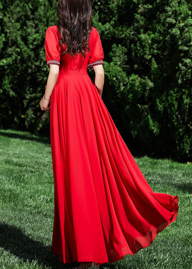 Red Patchwork Wrinkled Tunic Chiffon Long Dress Summer