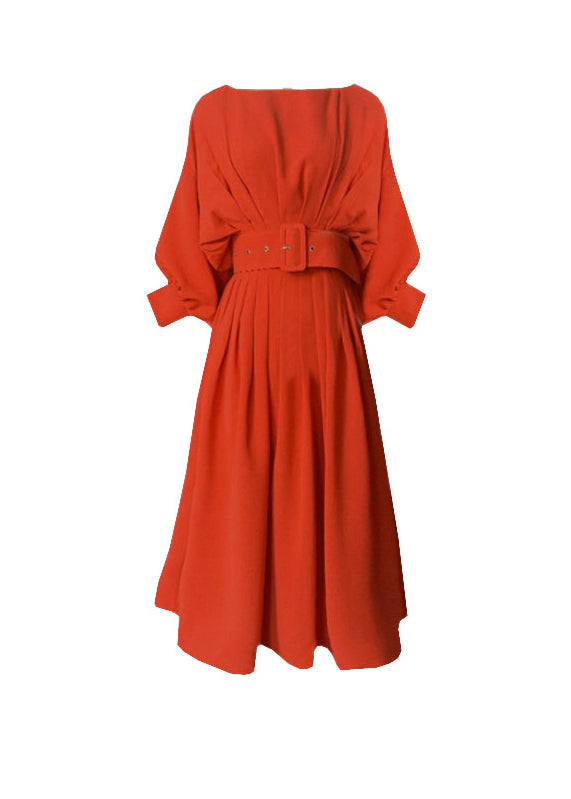 Red Slash Neck Pockets Sashes Silk Vacation Pleated Dresses Batwing Sleeve