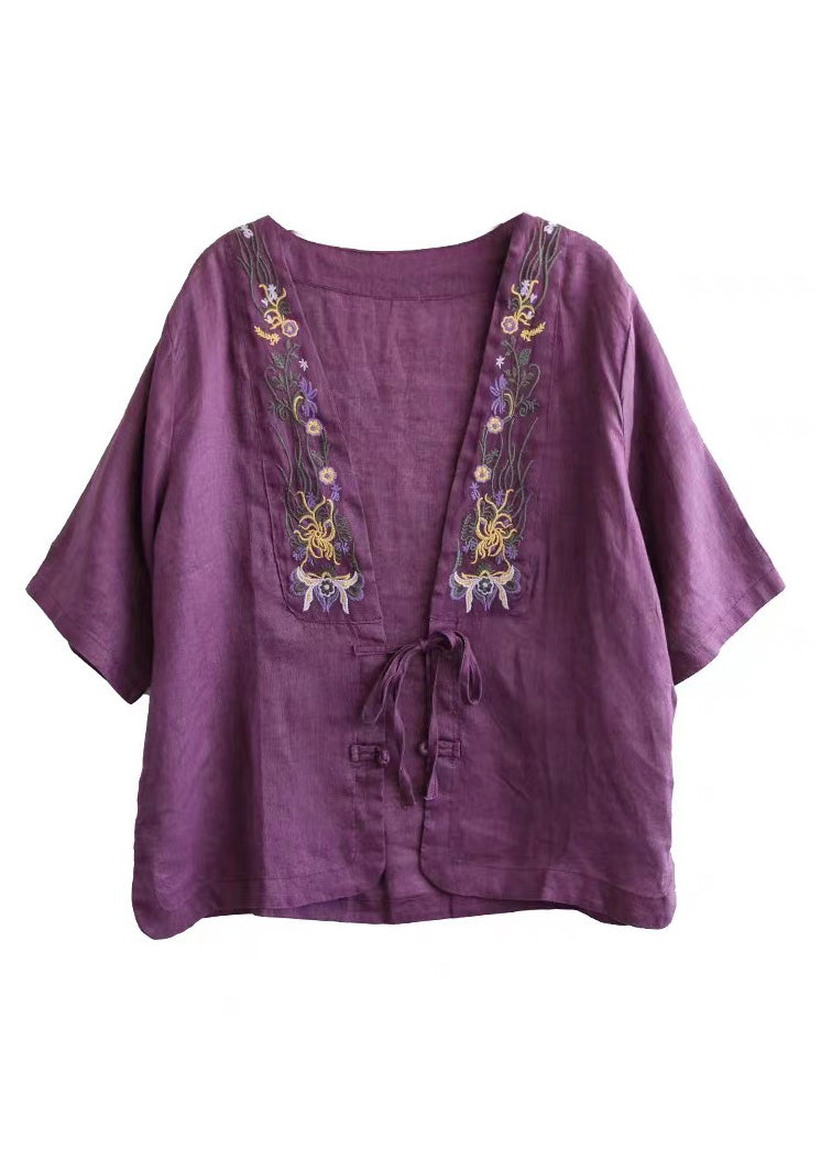 Red V Neck Embroideried Tie Waist Linen Top Short Sleeve