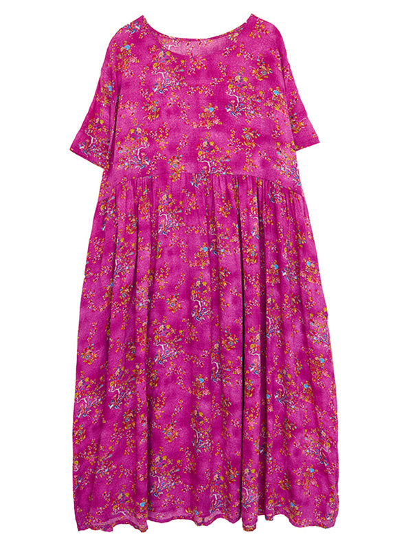Rose Print Patchwork Cotton Cozy Long Dress Short Sleeve