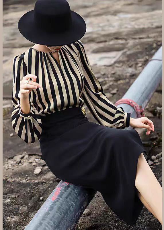 Striped Side Open Patchwork Cotton Long Dress Fall
