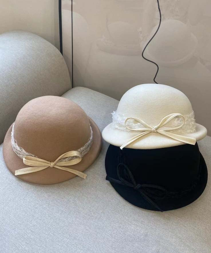 White Bow Lace Woolen Bucket Hat