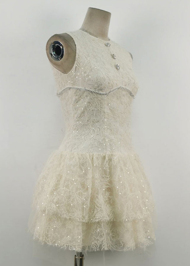 White O Neck Sequins Tulle Mid Dress Sleeveless