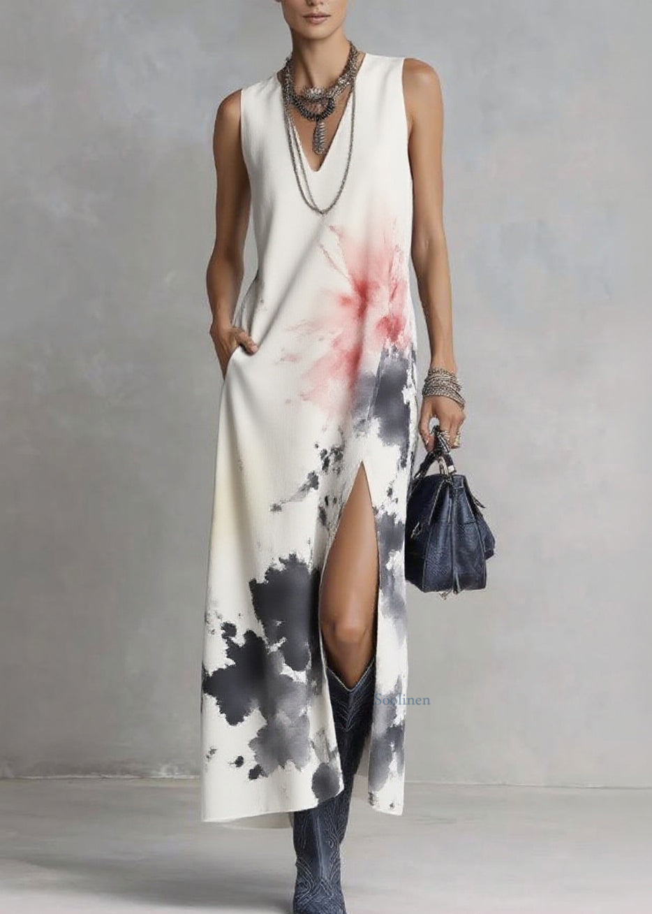 White V Neck Tie Dye Maxi Dresses Sleeveless