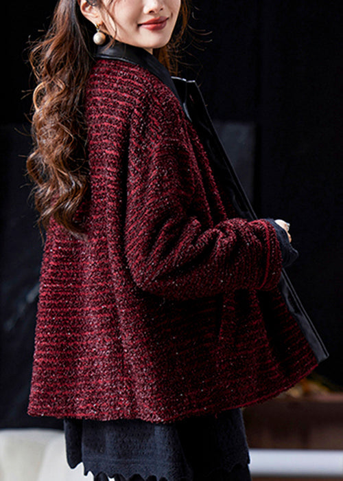 Wine Red Peter Pan Collar Button Patchwork Parkas Winter