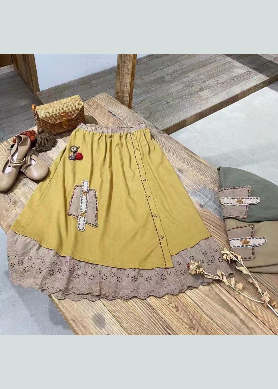Yellow Embroideried Hollow Out Cotton Skirt Spring
