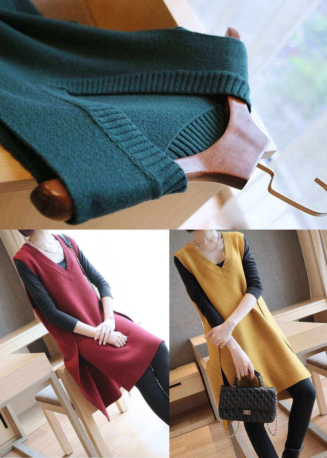 Yellow Oversized Side Open Knit Long Vests Sleeveless