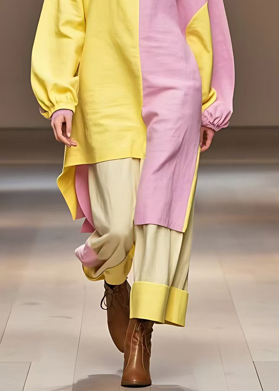 Yellow Turtleneck Asymmetrical Cotton Dress Long Sleeve