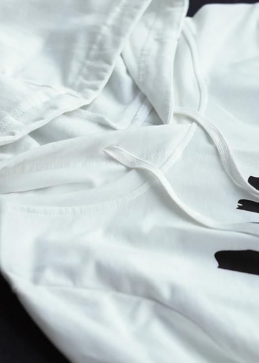 Elegant black Letter crane tops hooded drawstring cotton shirts